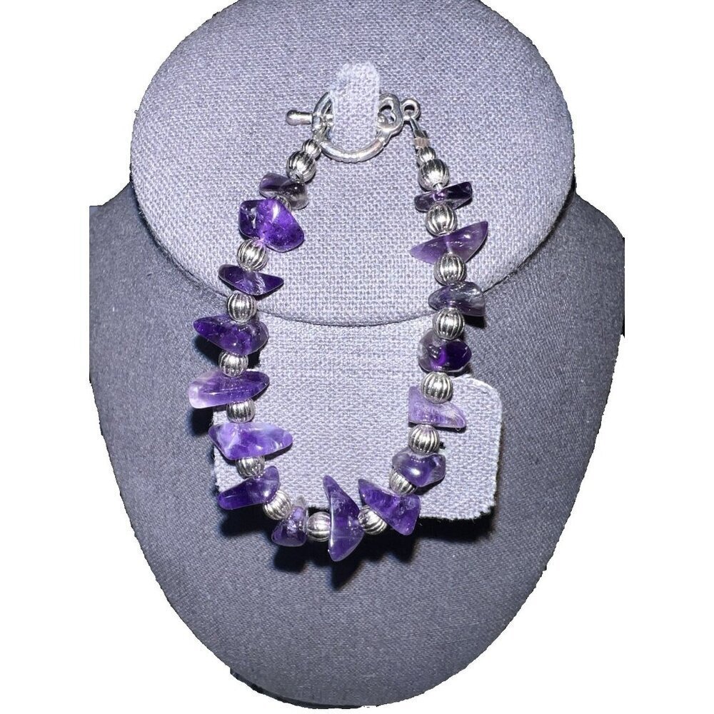Sterling Silver Hearts Toggle Clasp Amethyst and Silver Beaded Bracelet 7.25 In